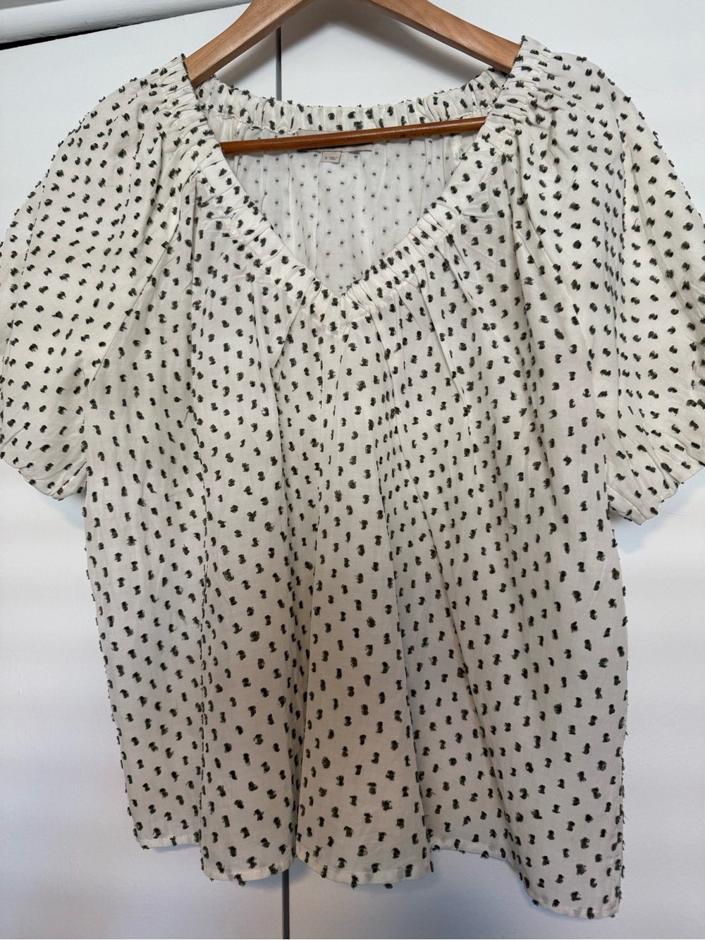 LOFT Cream Peasant Blouse with Olive Green Dot Print